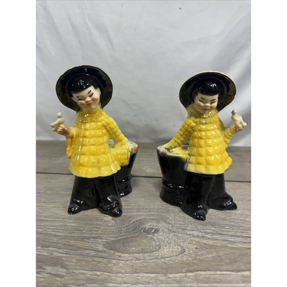Vintage Maddux Pottery Asian Twins In Conical Hats 6" Tall Each w/ Small Planter